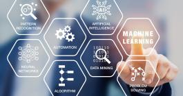 A person touching a screen with icons and the words: machine learning, artificial intelligence, problem solving, data mining, automation, algorithm, pattern recognition, and neural networks.
